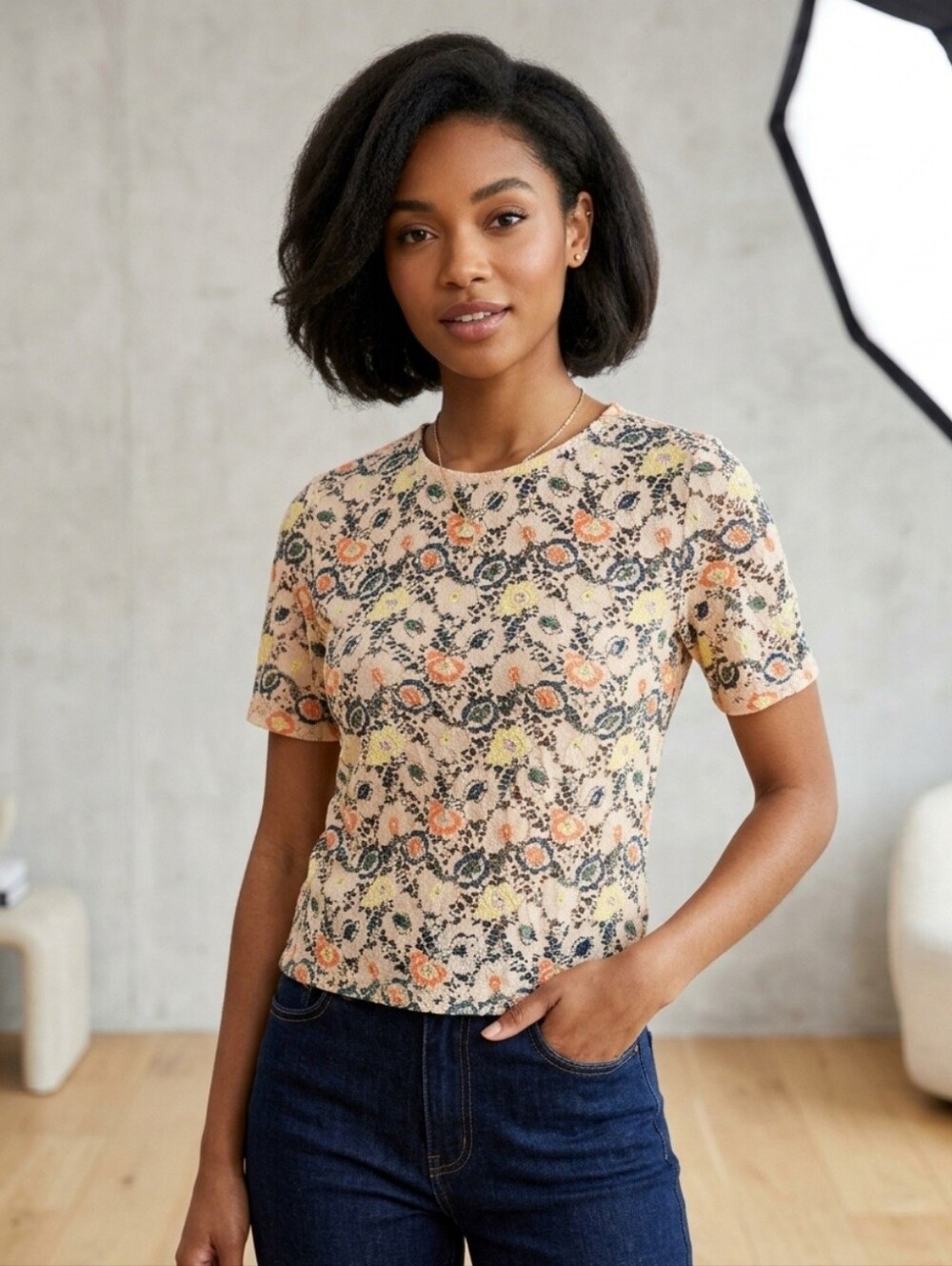 Zara Woman Crochet Lace Top Beige  Multicolor Floral Sz Md Boho Cottagecore